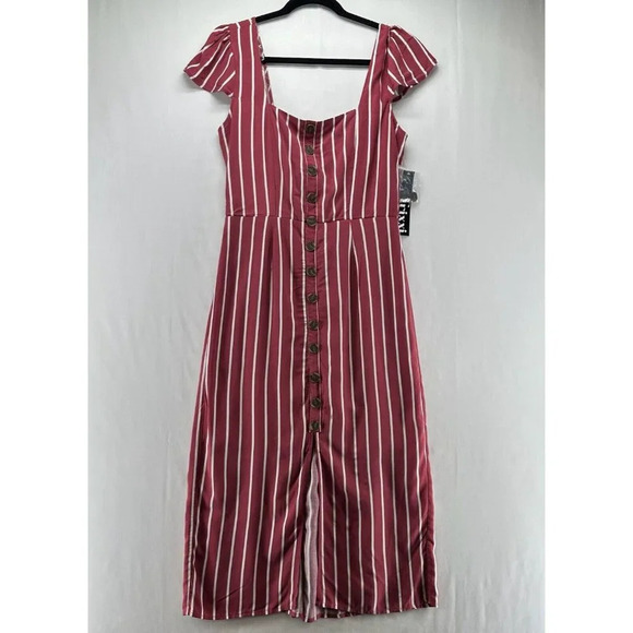 Trixxi Dresses & Skirts - Trixx Dress Size XL A-Line Midi Striped Faux Button Front String Back Rayon Red